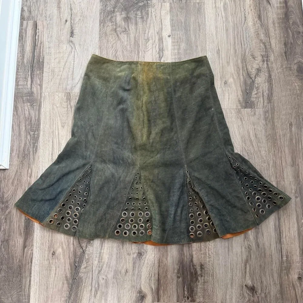 Double D Ranch Grommet Sepia Leather Midi Skirt Grunge Alternative